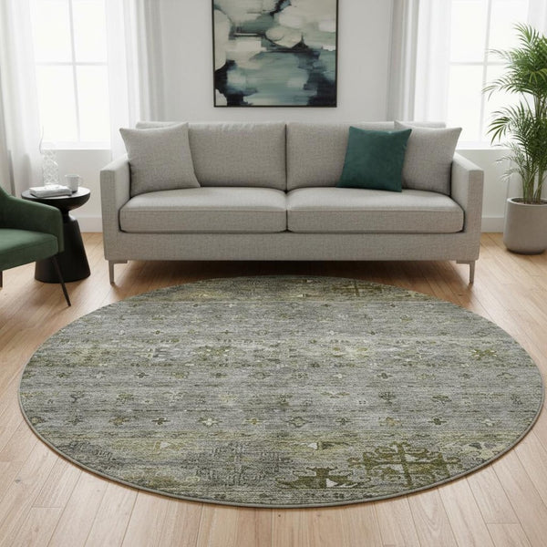 HomeRoots 8' Durable Pewter Olive Green Beige Tribal Washable Round Rug with UV Protection for High Traffic Areas 688537