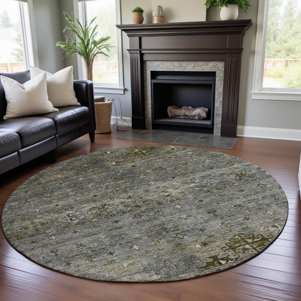 HomeRoots 8' Durable Pewter Olive Green Beige Tribal Washable Round Rug with UV Protection for High Traffic Areas 688537