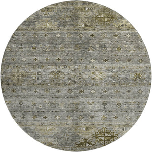 HomeRoots 8' Durable Pewter Olive Green Beige Tribal Washable Round Rug with UV Protection for High Traffic Areas 688537