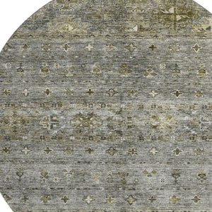 HomeRoots 8' Durable Pewter Olive Green Beige Tribal Washable Round Rug with UV Protection for High Traffic Areas 688537