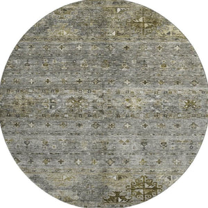 HomeRoots 8' Durable Pewter Olive Green Beige Tribal Washable Round Rug with UV Protection for High Traffic Areas 688537