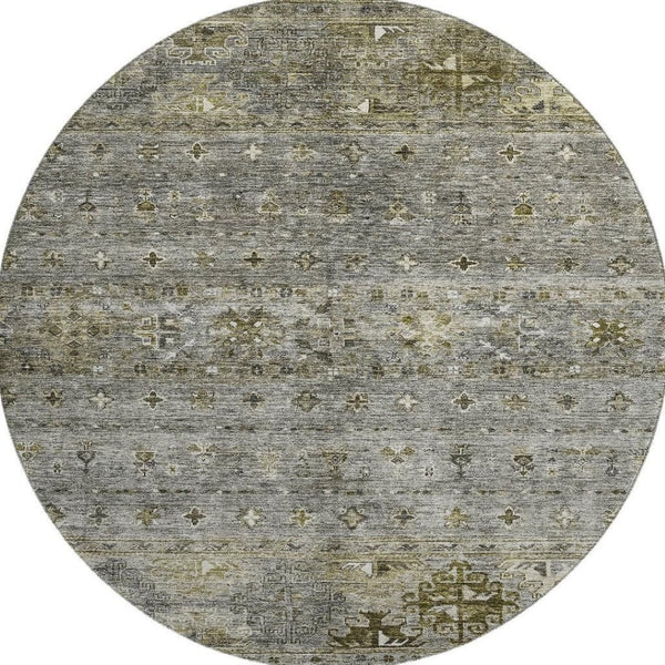 HomeRoots 8' Durable Pewter Olive Green Beige Tribal Washable Round Rug with UV Protection for High Traffic Areas 688537