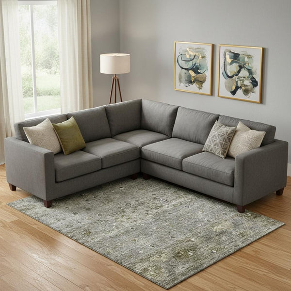 HomeRoots 9' X 12' Tribal Area Rug in Pewter, Olive Green & Beige – Washable, Stain-Resistant, UV Protected! 688539