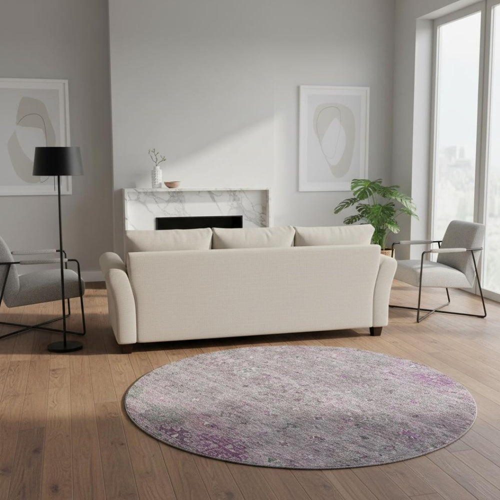 HomeRoots 8' Bold Purple & Gray Tribal Washable Round Rug - Durable, UV-Protected, Perfect for Homes with Kids! 688543