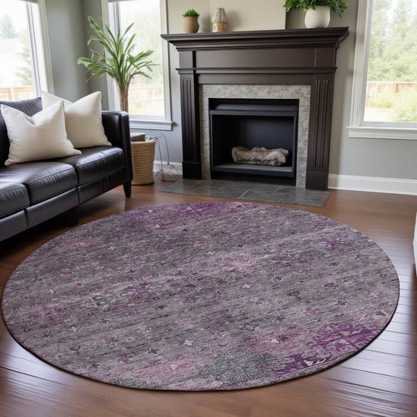 HomeRoots 8' Bold Purple & Gray Tribal Washable Round Rug - Durable, UV-Protected, Perfect for Homes with Kids! 688543