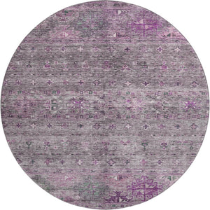 HomeRoots 8' Bold Purple & Gray Tribal Washable Round Rug - Durable, UV-Protected, Perfect for Homes with Kids! 688543