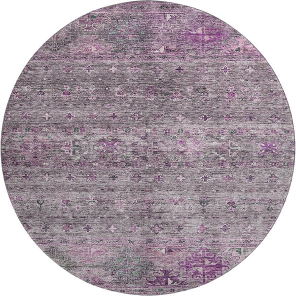 HomeRoots 8' Bold Purple & Gray Tribal Washable Round Rug - Durable, UV-Protected, Perfect for Homes with Kids! 688543