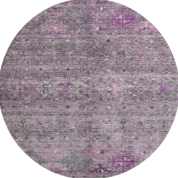 HomeRoots 8' Bold Purple & Gray Tribal Washable Round Rug - Durable, UV-Protected, Perfect for Homes with Kids! 688543