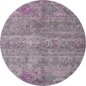 HomeRoots 8' Bold Purple & Gray Tribal Washable Round Rug - Durable, UV-Protected, Perfect for Homes with Kids! 688543