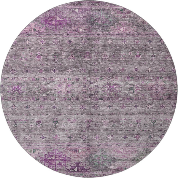 HomeRoots 8' Bold Purple & Gray Tribal Washable Round Rug - Durable, UV-Protected, Perfect for Homes with Kids! 688543