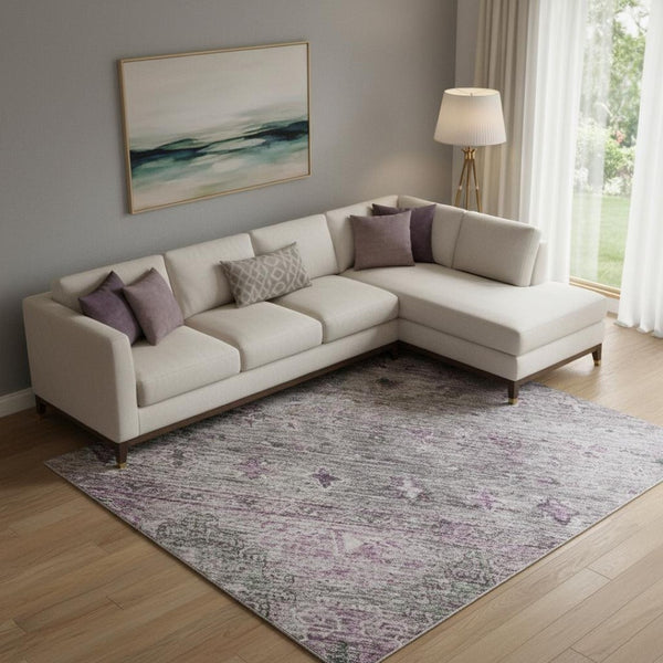 HomeRoots 9' X 12' Purple and Gray Tribal Washable Area Rug - Durable, Stylish, Stain-Resistant with UV Protection 688545