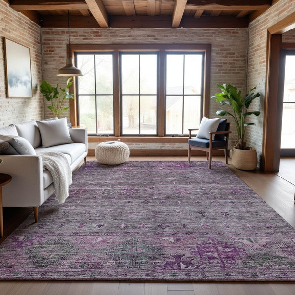 HomeRoots 10' X 14' Tribal Purple and Gray Washable Area Rug with UV Protection for Modern Spaces & Durability 688546