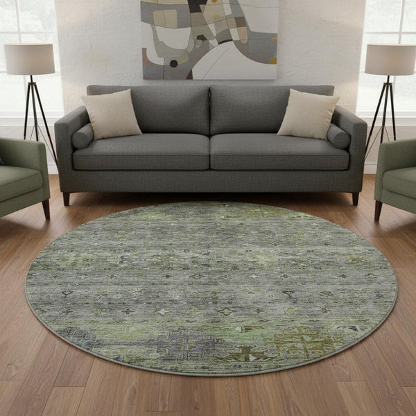 HomeRoots 8' Stylish Sage Silver and Purple Tribal Round Rug - Washable, UV Protected, Perfect for Homes! 688549