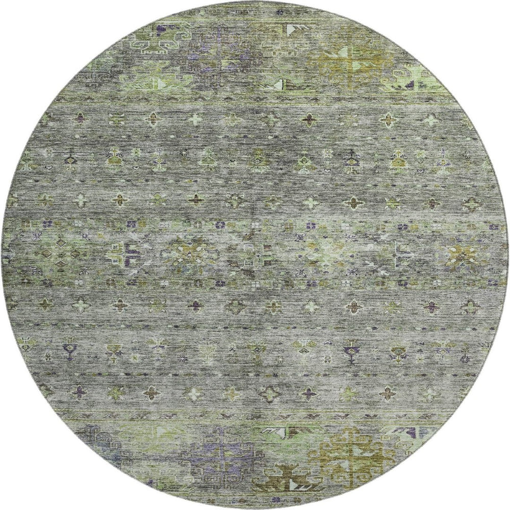 HomeRoots 8' Stylish Sage Silver and Purple Tribal Round Rug - Washable, UV Protected, Perfect for Homes! 688549