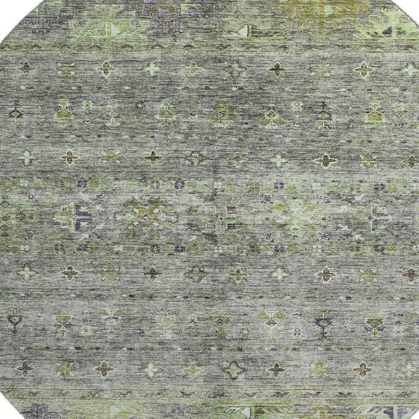 HomeRoots 8' Stylish Sage Silver and Purple Tribal Round Rug - Washable, UV Protected, Perfect for Homes! 688549