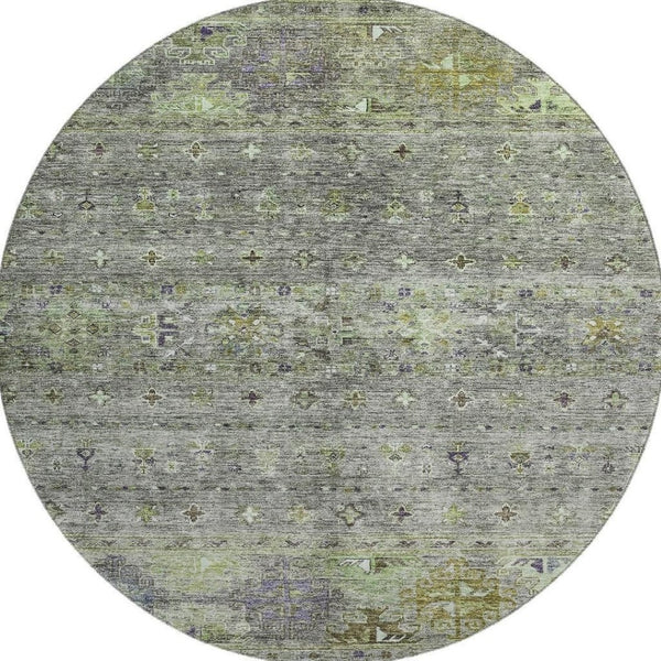 HomeRoots 8' Stylish Sage Silver and Purple Tribal Round Rug - Washable, UV Protected, Perfect for Homes! 688549