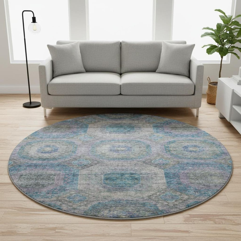 HomeRoots 8' Blue Gray & Silver Geometric Washable Round Rug – Modern, UV-Protected, Stylish & Easy-Clean! 688555