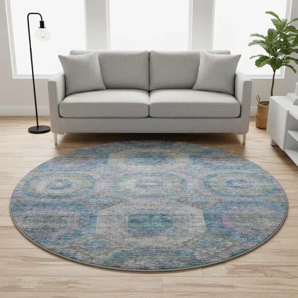 HomeRoots 8' Blue Gray & Silver Geometric Washable Round Rug – Modern, UV-Protected, Stylish & Easy-Clean! 688555