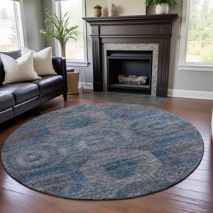 HomeRoots 8' Blue Gray & Silver Geometric Washable Round Rug – Modern, UV-Protected, Stylish & Easy-Clean! 688555