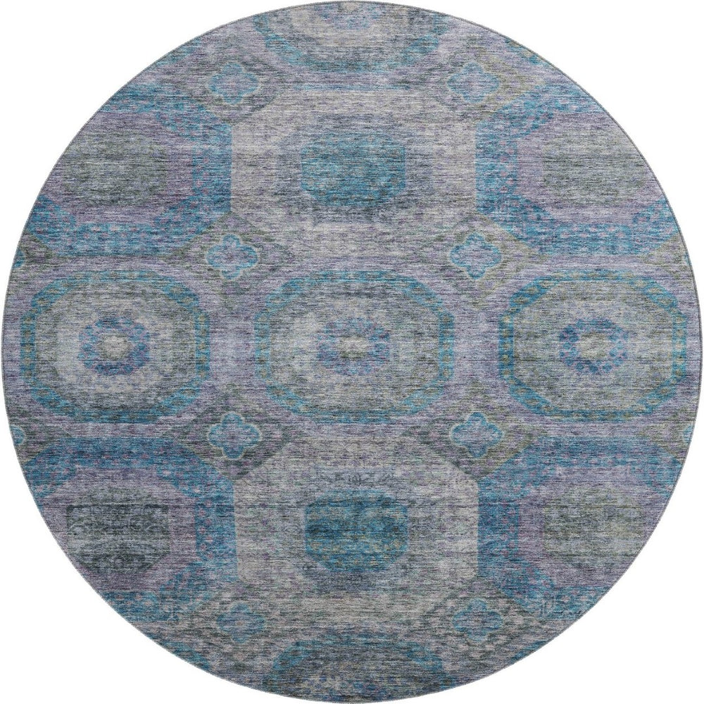 HomeRoots 8' Blue Gray & Silver Geometric Washable Round Rug – Modern, UV-Protected, Stylish & Easy-Clean! 688555