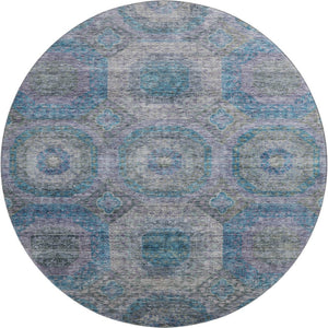 HomeRoots 8' Blue Gray & Silver Geometric Washable Round Rug – Modern, UV-Protected, Stylish & Easy-Clean! 688555