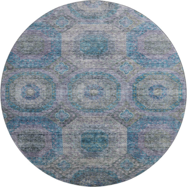 HomeRoots 8' Blue Gray & Silver Geometric Washable Round Rug – Modern, UV-Protected, Stylish & Easy-Clean! 688555
