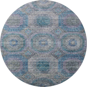HomeRoots 8' Blue Gray & Silver Geometric Washable Round Rug – Modern, UV-Protected, Stylish & Easy-Clean! 688555