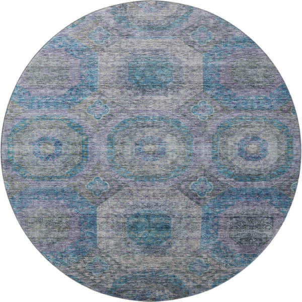 HomeRoots 8' Blue Gray & Silver Geometric Washable Round Rug – Modern, UV-Protected, Stylish & Easy-Clean! 688555