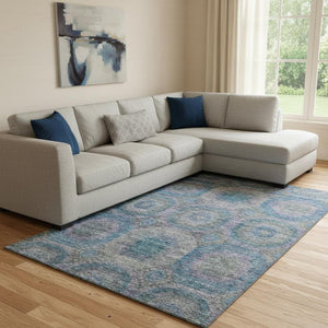 HomeRoots 8' X 10' Stylish Blue Gray & Silver Geometric Washable Area Rug with UV Protection for Modern Spaces 688556