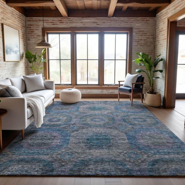 HomeRoots 8' X 10' Stylish Blue Gray & Silver Geometric Washable Area Rug with UV Protection for Modern Spaces 688556