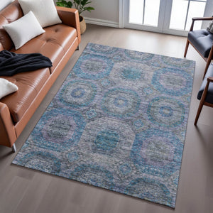 HomeRoots 8' X 10' Stylish Blue Gray & Silver Geometric Washable Area Rug with UV Protection for Modern Spaces 688556