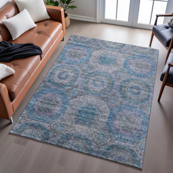 HomeRoots 8' X 10' Stylish Blue Gray & Silver Geometric Washable Area Rug with UV Protection for Modern Spaces 688556