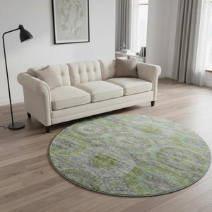 HomeRoots 8' Washable Geometric Round Rug in Olive Green, Gray & Silver - UV Protected for High-Traffic Areas 688561