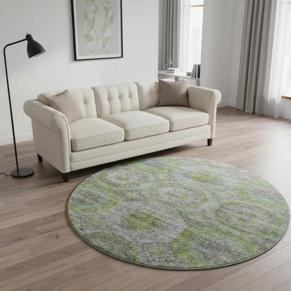 HomeRoots 8' Washable Geometric Round Rug in Olive Green, Gray & Silver - UV Protected for High-Traffic Areas 688561