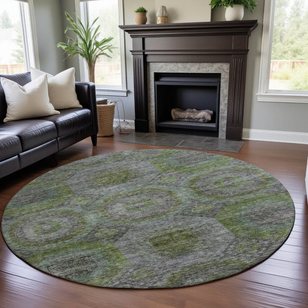 HomeRoots 8' Washable Geometric Round Rug in Olive Green, Gray & Silver - UV Protected for High-Traffic Areas 688561