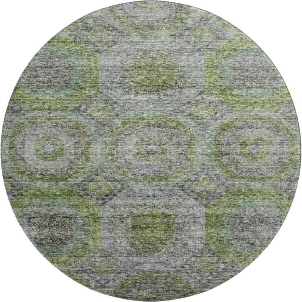 HomeRoots 8' Washable Geometric Round Rug in Olive Green, Gray & Silver - UV Protected for High-Traffic Areas 688561
