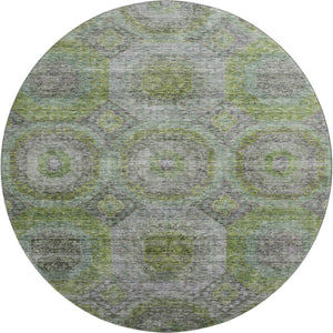 HomeRoots 8' Washable Geometric Round Rug in Olive Green, Gray & Silver - UV Protected for High-Traffic Areas 688561