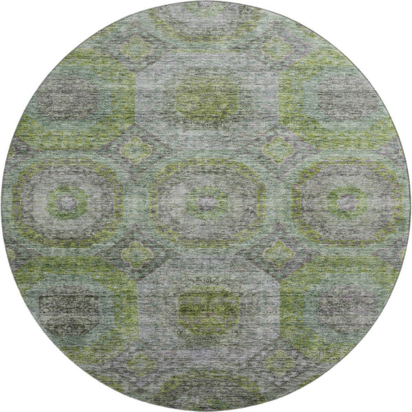 HomeRoots 8' Washable Geometric Round Rug in Olive Green, Gray & Silver - UV Protected for High-Traffic Areas 688561