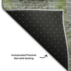 HomeRoots 8' Washable Geometric Round Rug in Olive Green, Gray & Silver - UV Protected for High-Traffic Areas 688561