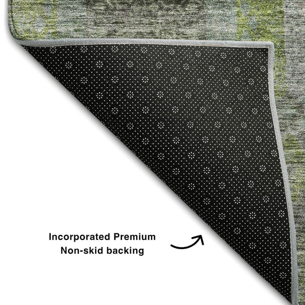 HomeRoots 8' Washable Geometric Round Rug in Olive Green, Gray & Silver - UV Protected for High-Traffic Areas 688561