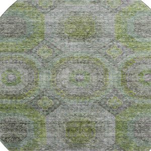 HomeRoots 8' Washable Geometric Round Rug in Olive Green, Gray & Silver - UV Protected for High-Traffic Areas 688561