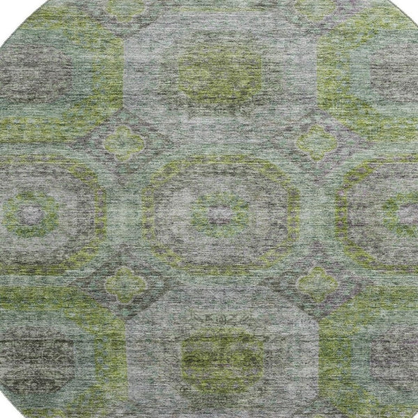 HomeRoots 8' Washable Geometric Round Rug in Olive Green, Gray & Silver - UV Protected for High-Traffic Areas 688561
