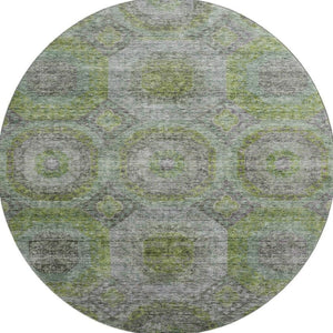 HomeRoots 8' Washable Geometric Round Rug in Olive Green, Gray & Silver - UV Protected for High-Traffic Areas 688561