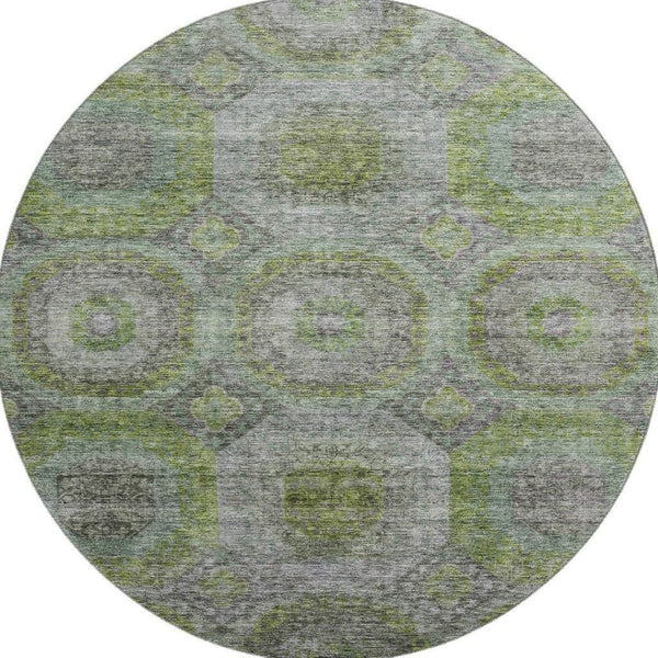 HomeRoots 8' Washable Geometric Round Rug in Olive Green, Gray & Silver - UV Protected for High-Traffic Areas 688561