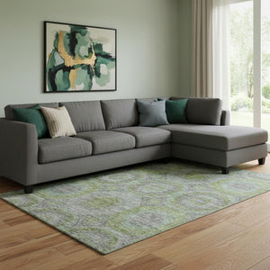 HomeRoots 8' X 10' Olive Green Gray Silver Geometric Area Rug - Stylish, Washable, UV-Protected & Durable 688562