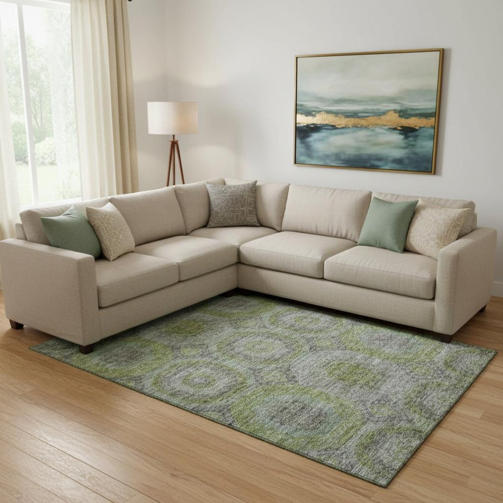 HomeRoots 9' X 12' Stylish Olive Green Gray Silver Geometric Washable Area Rug – UV Protected & Easy Care! 688563