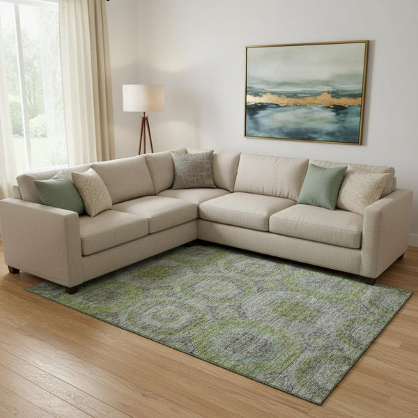 HomeRoots 9' X 12' Stylish Olive Green Gray Silver Geometric Washable Area Rug – UV Protected & Easy Care! 688563