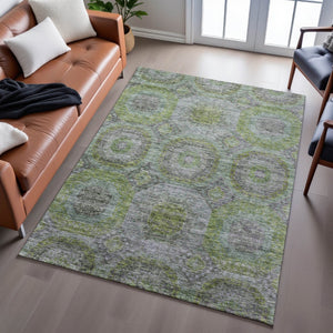 HomeRoots 10' Olive Green, Gray & Silver Geometric Washable Area Rug - UV Protected for High-Traffic Homes 688564