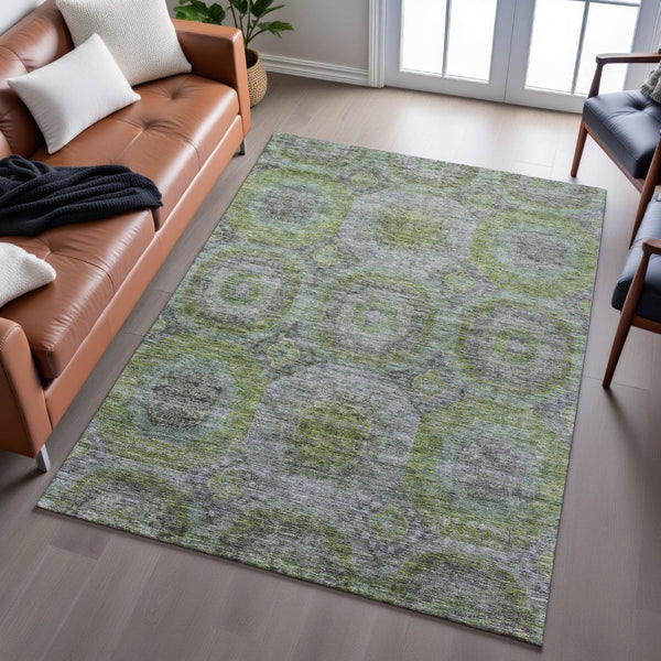 HomeRoots 10' Olive Green, Gray & Silver Geometric Washable Area Rug - UV Protected for High-Traffic Homes 688564