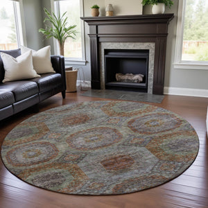 HomeRoots 8' Modern Geometric Washable Round Rug in Rust, Charcoal & Beige with UV Protection for High Traffic Areas 688567